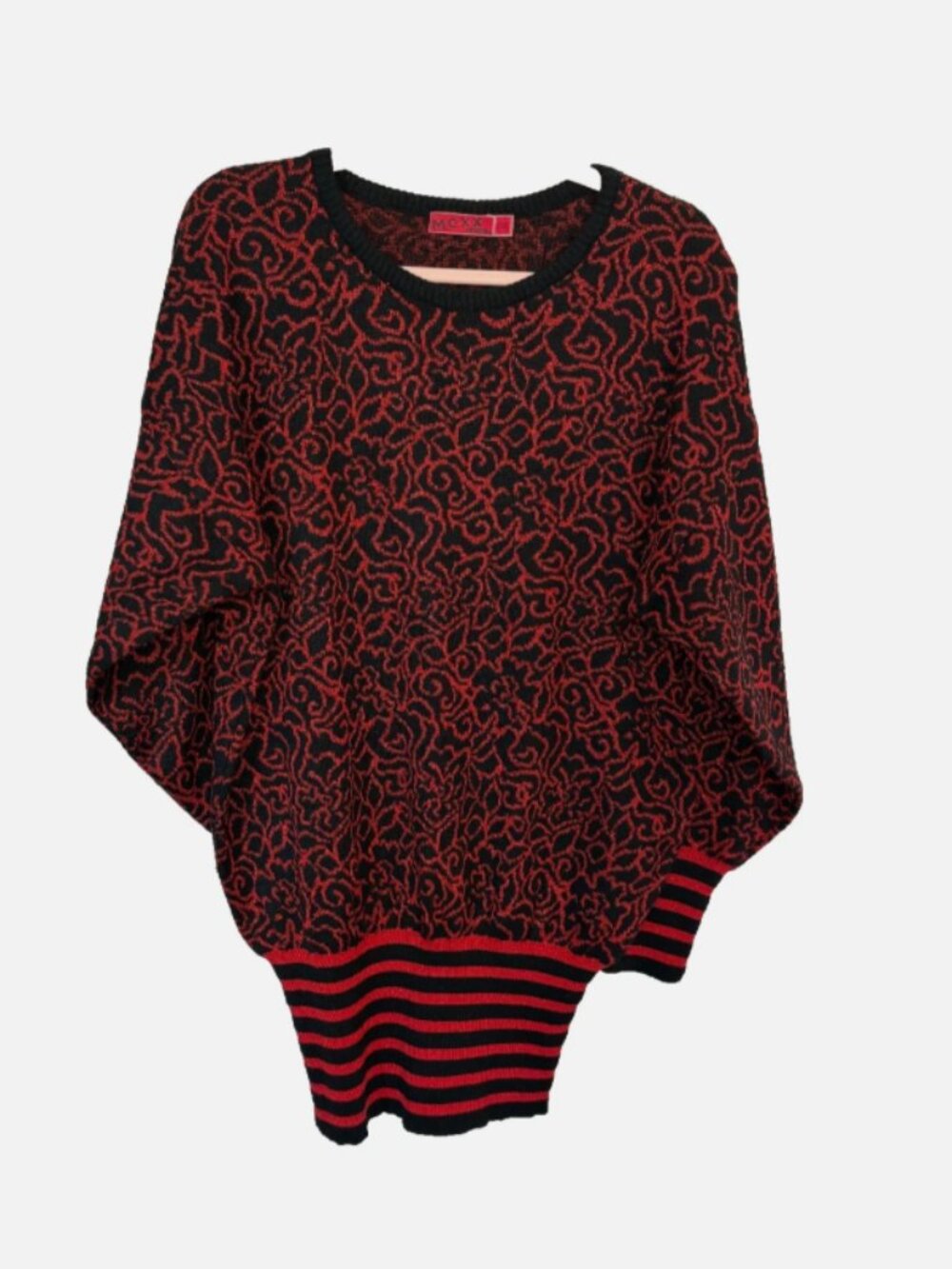 MEXX Red Black Metallic Knit Sweater Womens M Dolman Batwing Retro Pullover